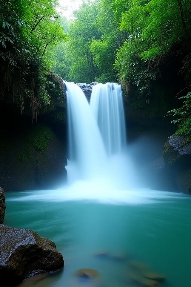 Waterfall cascading into a clear jungle pool