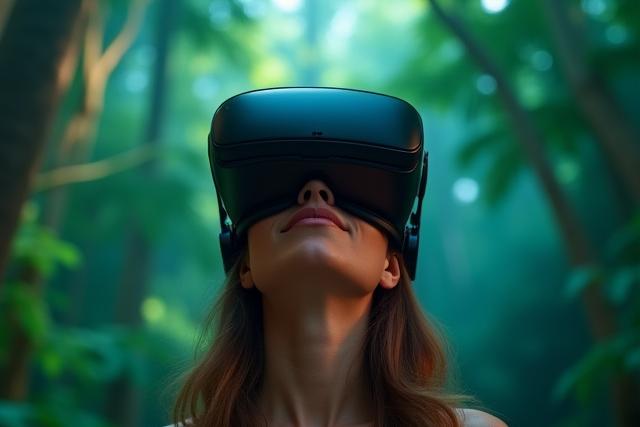 Person wearing a VR headset experiencing a rainforest canopy tour